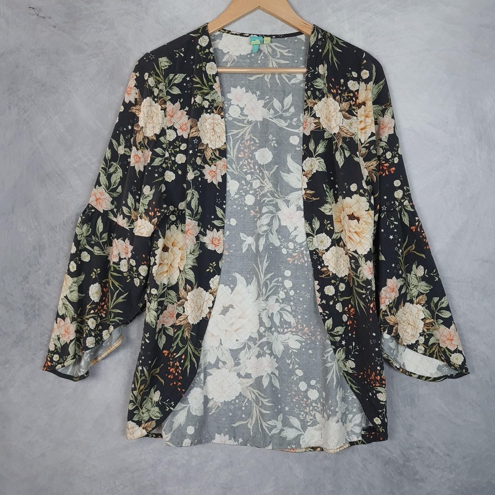 FARM RIO Kimono Jacket Womens One Size Black Floral Bell Sleeve Open Lightweight